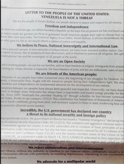 VENEZUELA / USA: Lettera di Maduro al popolo nordamericano pubblicata sul New York&nbsp;Times