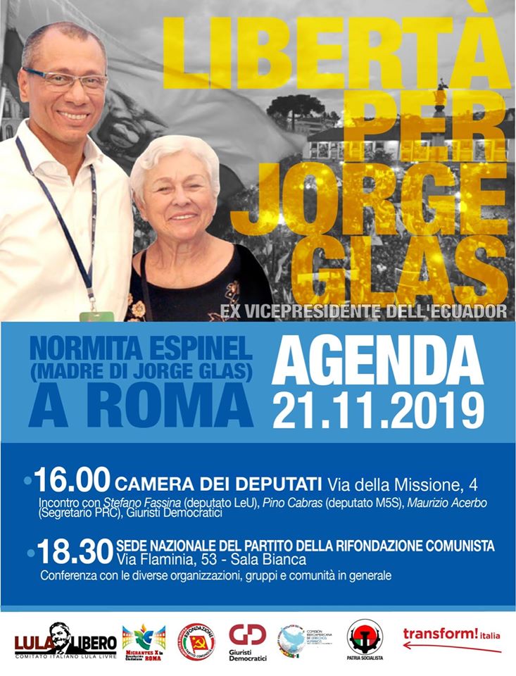 Libertà per Jorge Glas (ex vice presidente dell’Ecuador). Il 21 novembre iniziativa a&nbsp;Roma