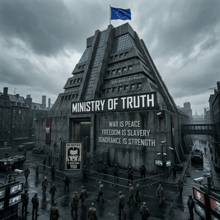 Pyramid-shaped Ministry of Truth building with security guards and propaganda posters